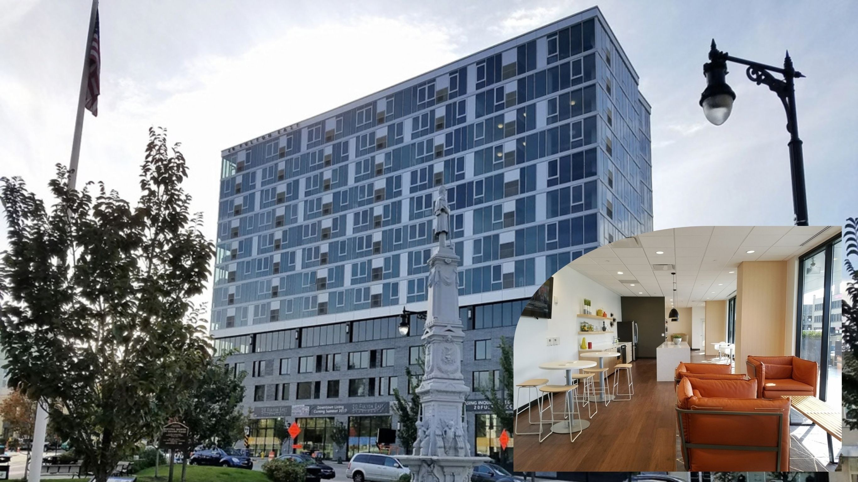 20 Fulton 12-story glass mixed-use tower and resident lounge