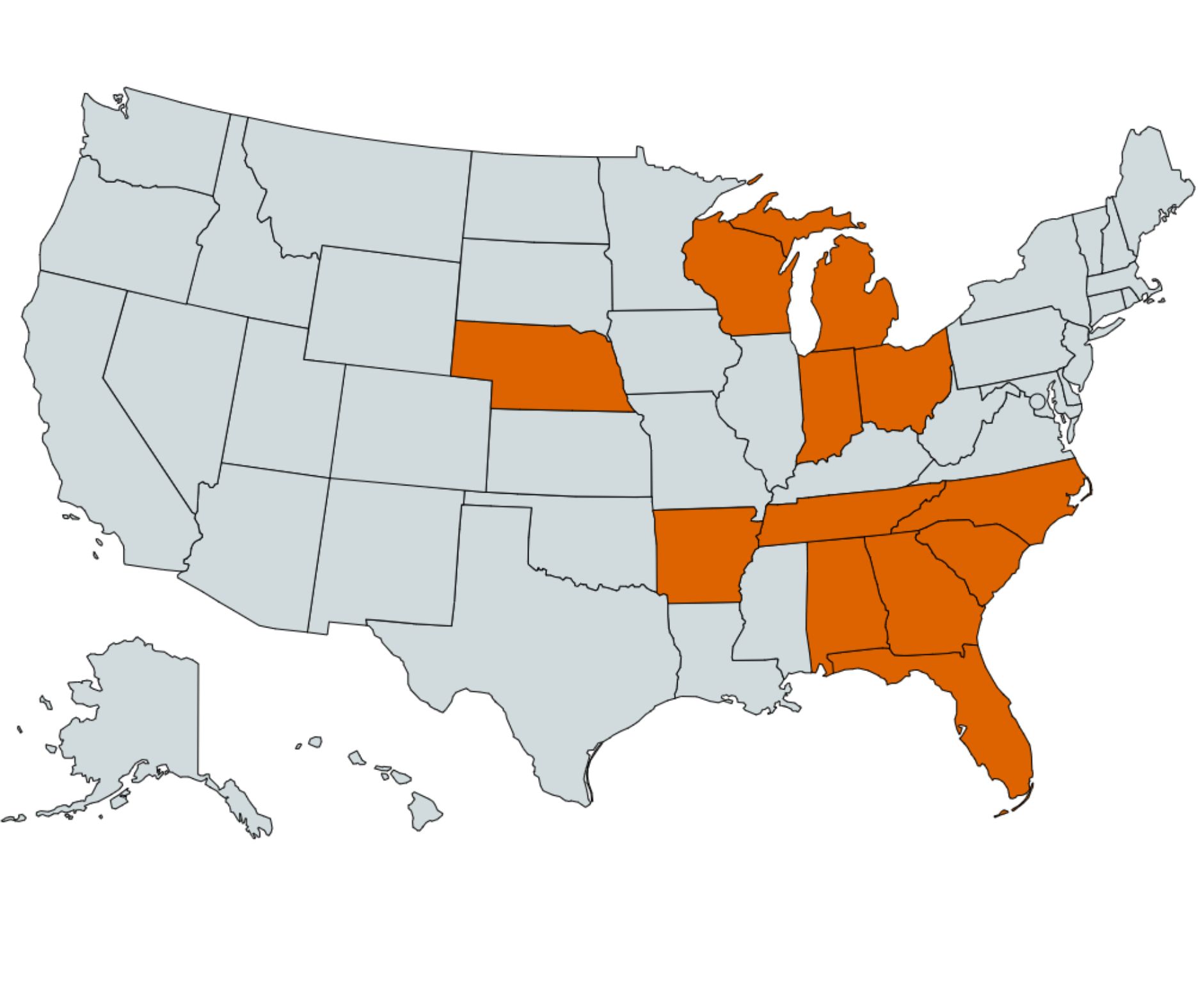 Map of United States showing Allied Electric's licensed states highlighted in orange