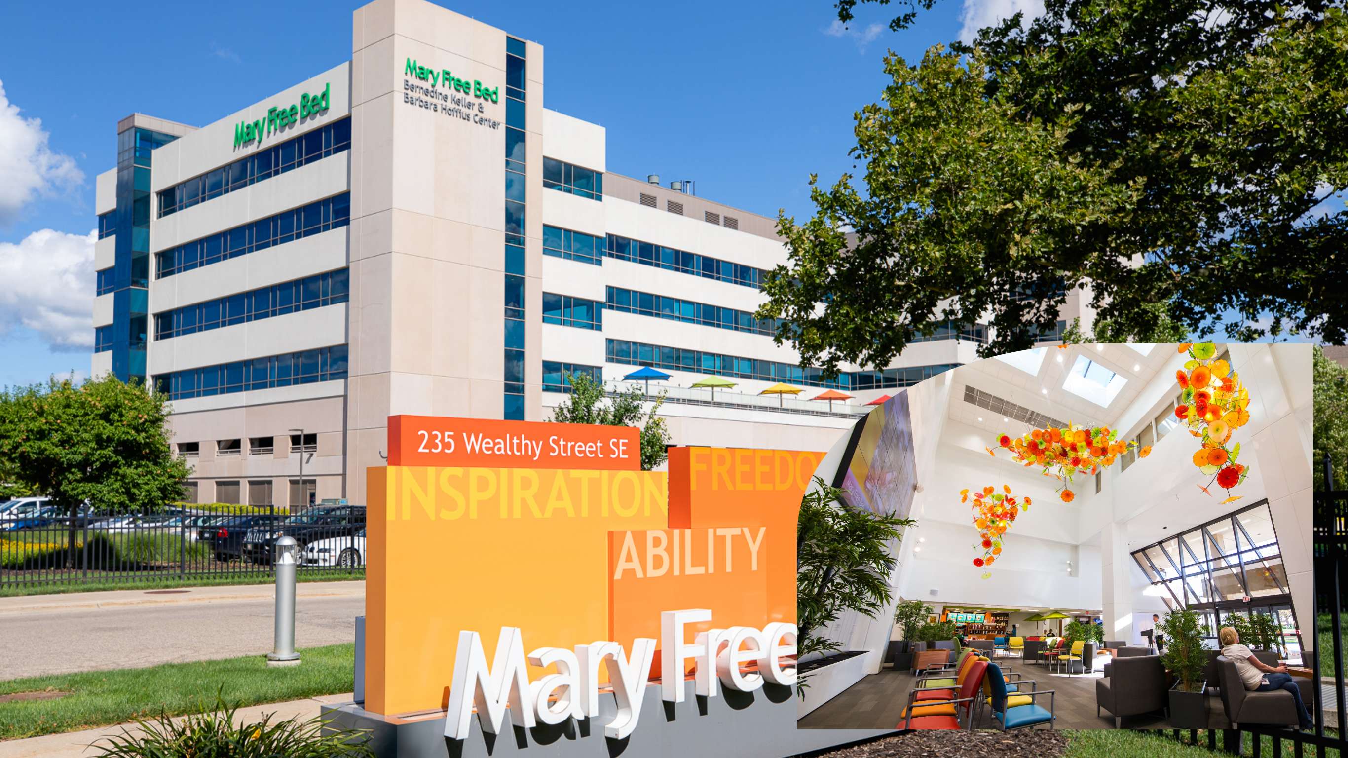 Mary Free Bed Rehabilitation Hospital exterior and atrium with suspended glass artwork