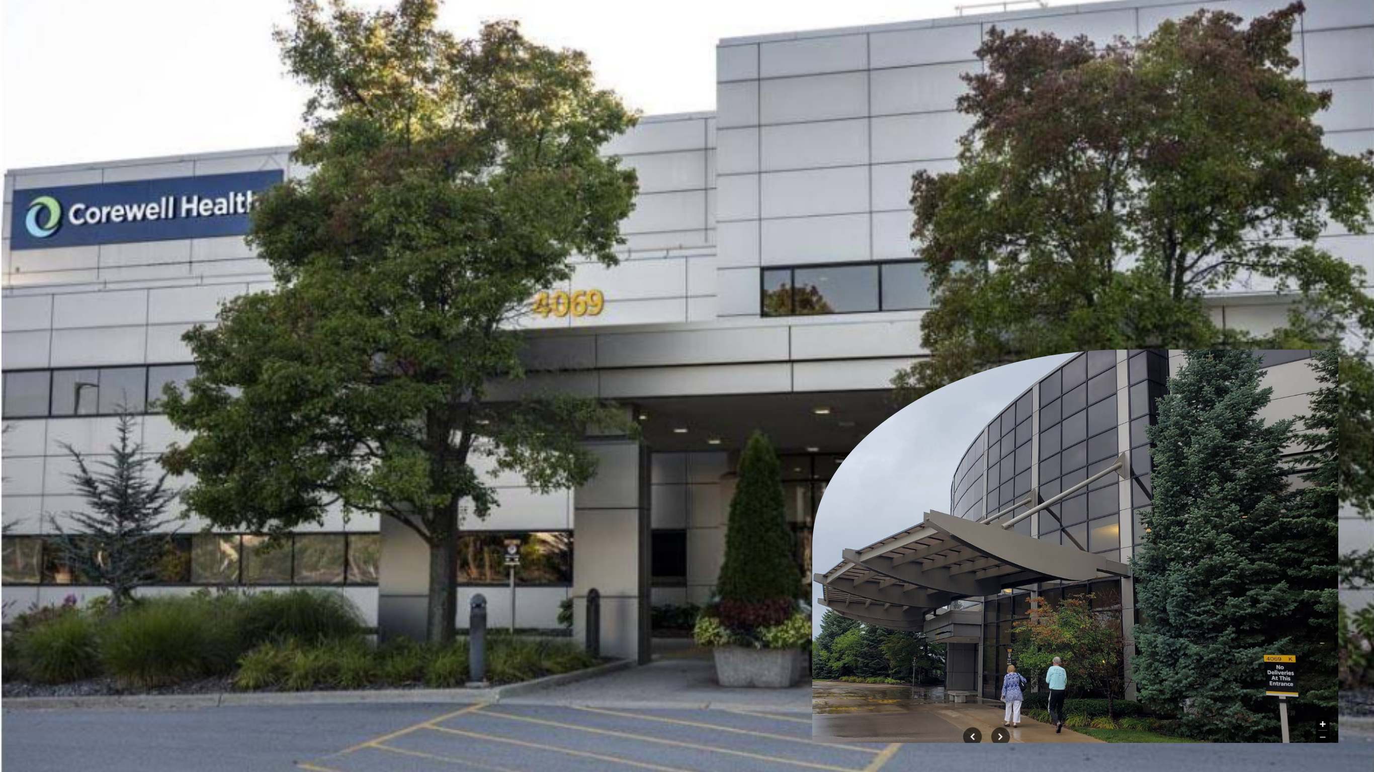 Corewell Health medical facility exterior with entrance canopy