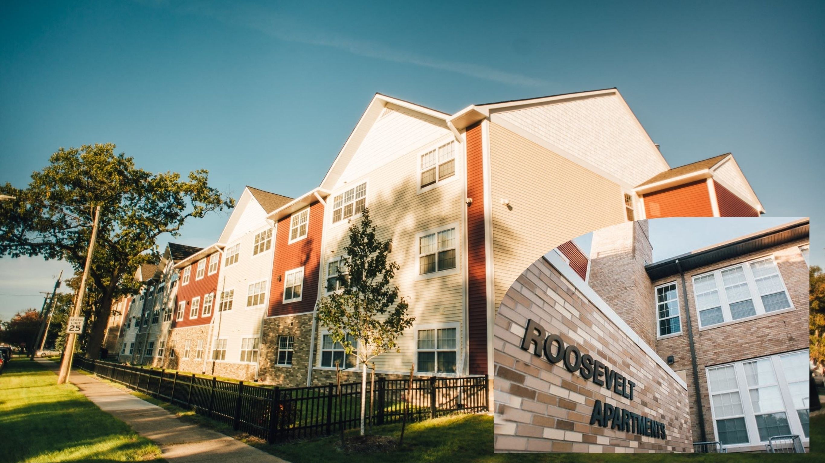 Roosevelt Apartments exterior with the engraved Roosevelt Apartments brick sign