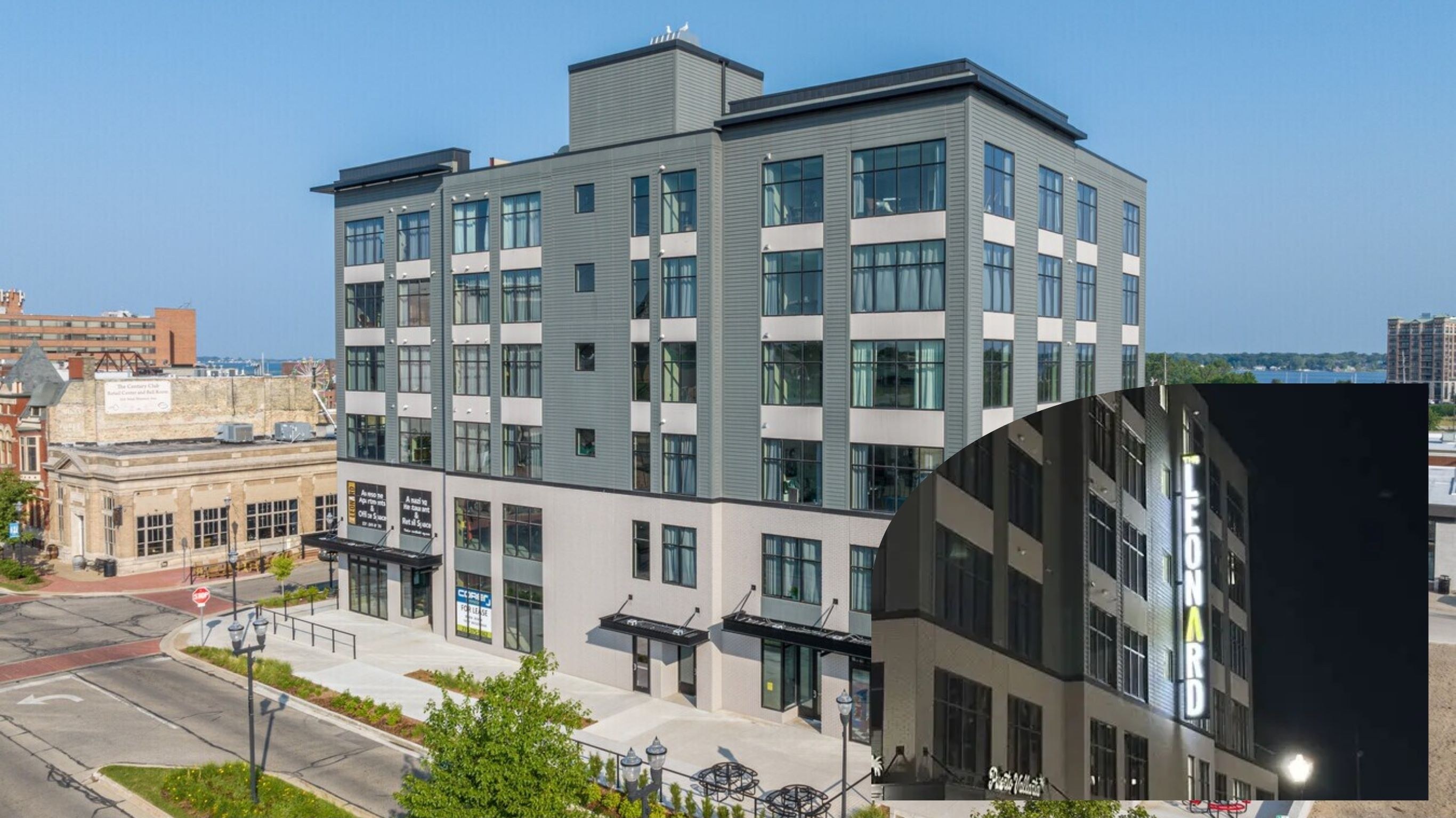 The Leonard six-story mixed-use building with illuminated sign